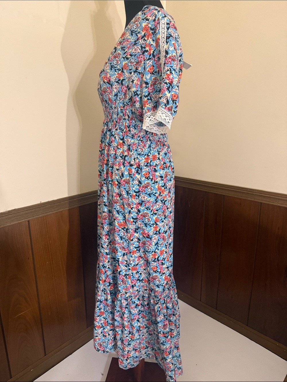 NWT Zara Blue Floral Boho Maxi Dress Lace Trim Cottagecore Size Medium - Picture 2 of 11